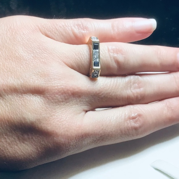 Solid 14K Yellow Gold Diamond & Sapphire Ring - Picture 14 of 16